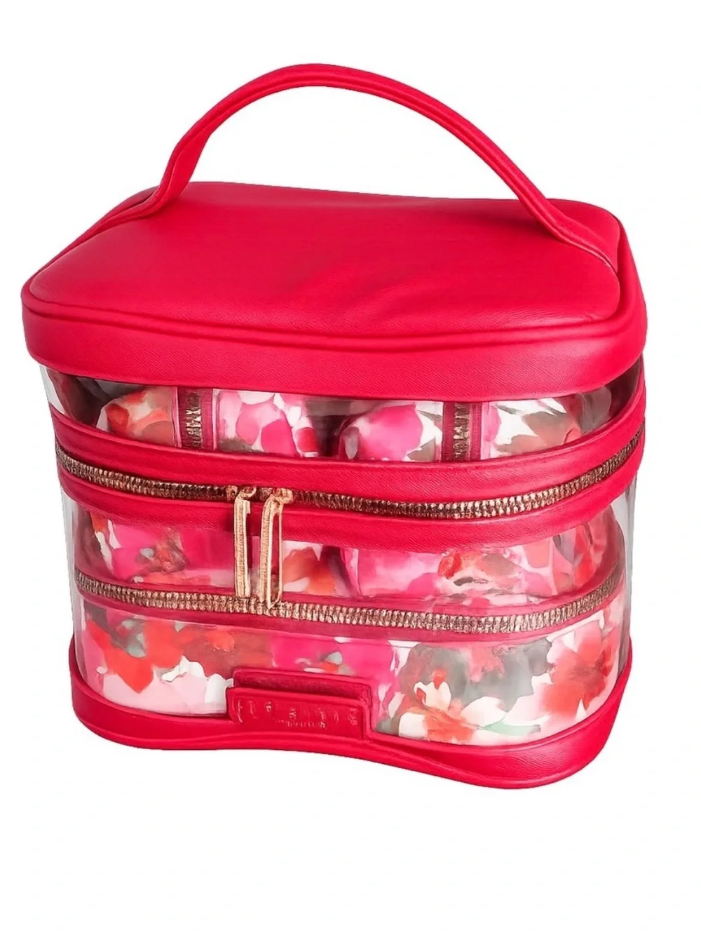 NWT Ted Baker London 4-Piece Cosmetic Train Case Bag Set Red Floral Travel